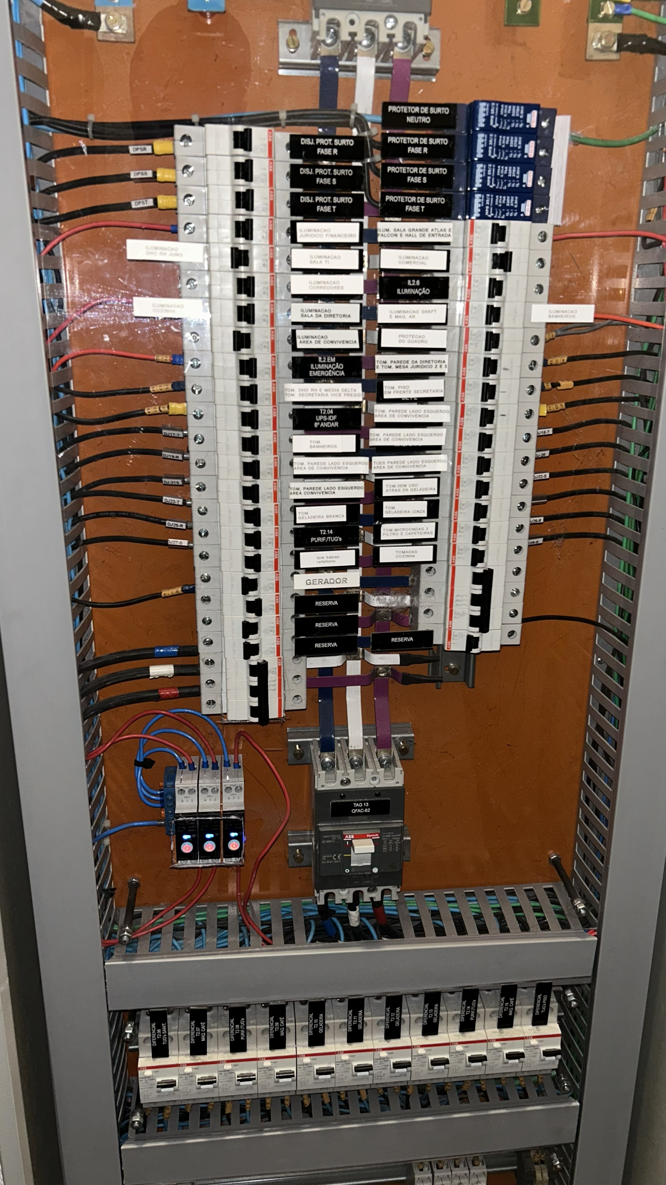Painel elétrico de automação com contatores e módulos inteligentes montados em placa de montagem
