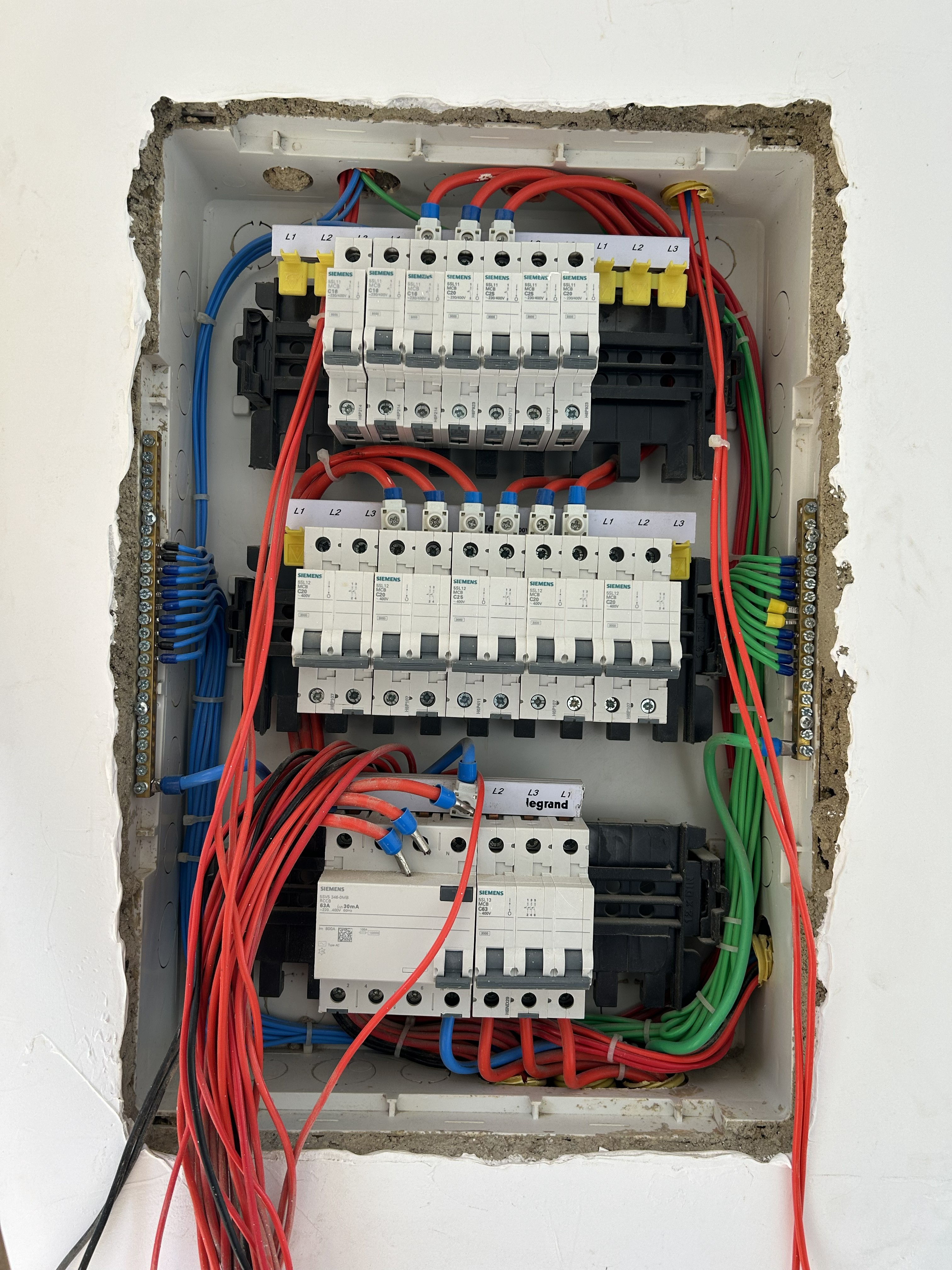 Quadro de distribuição trifásico com disjuntores DIN e cabos organizados